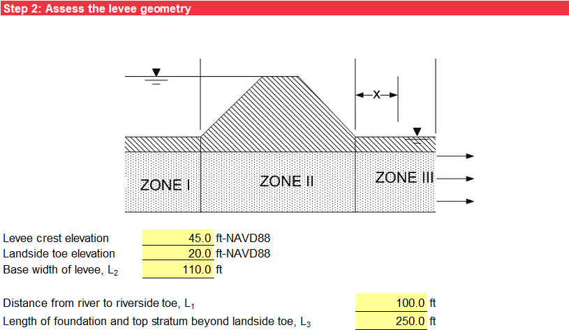 Step 2 of BT Case 2 worksheet: Levee geometry.